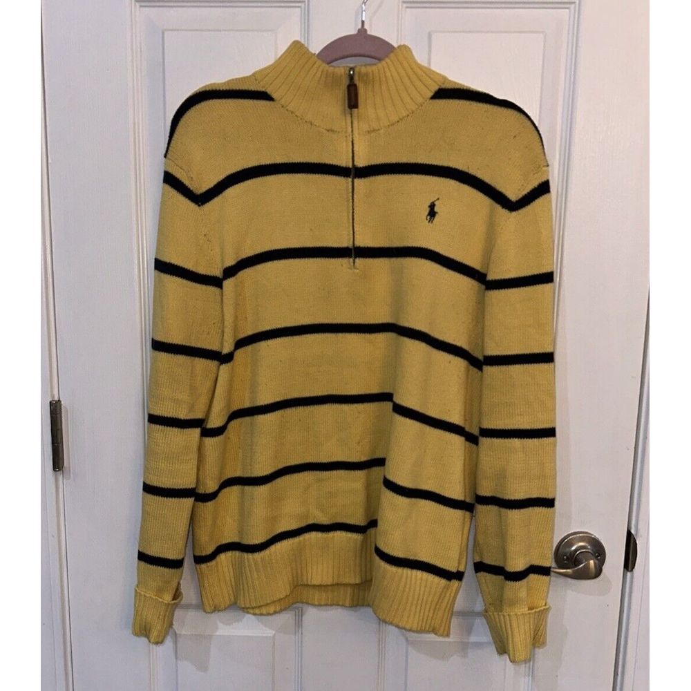 Polo Ralph Lauren Sweater SMALL  Yellow Blue Striped 1/4 Zip Pullover